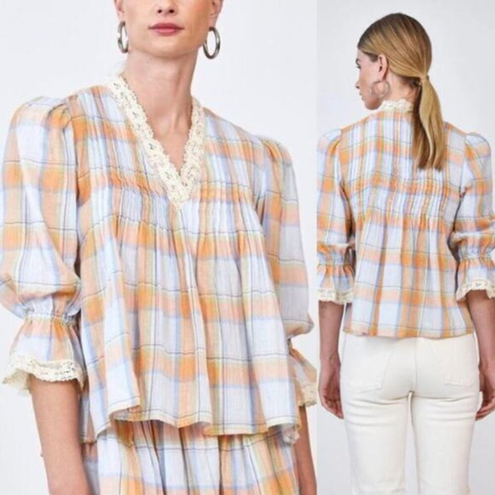 NEW Hunter Bell Pintuck 3/4 Sleeve Deep V-Neck Eyelet Trim Mia Plaid Top
